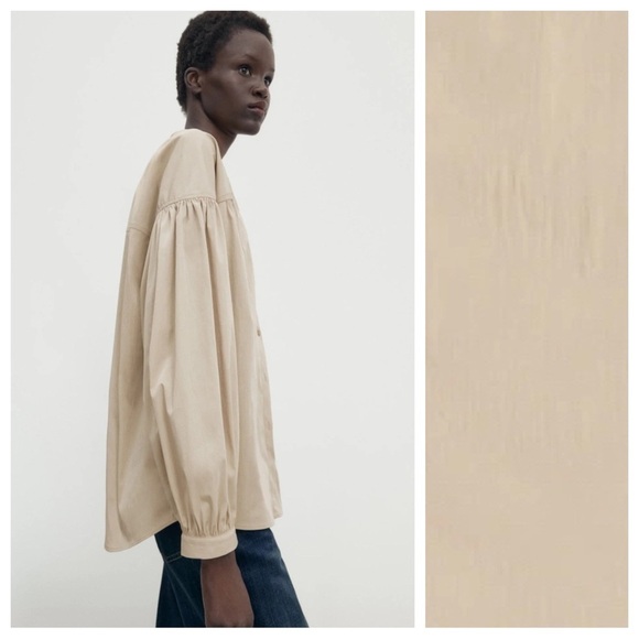 NWT. Massimo Dutti Beige Gathered Mandarin Collar Shirt. Size XS. - Picture 3 of 11